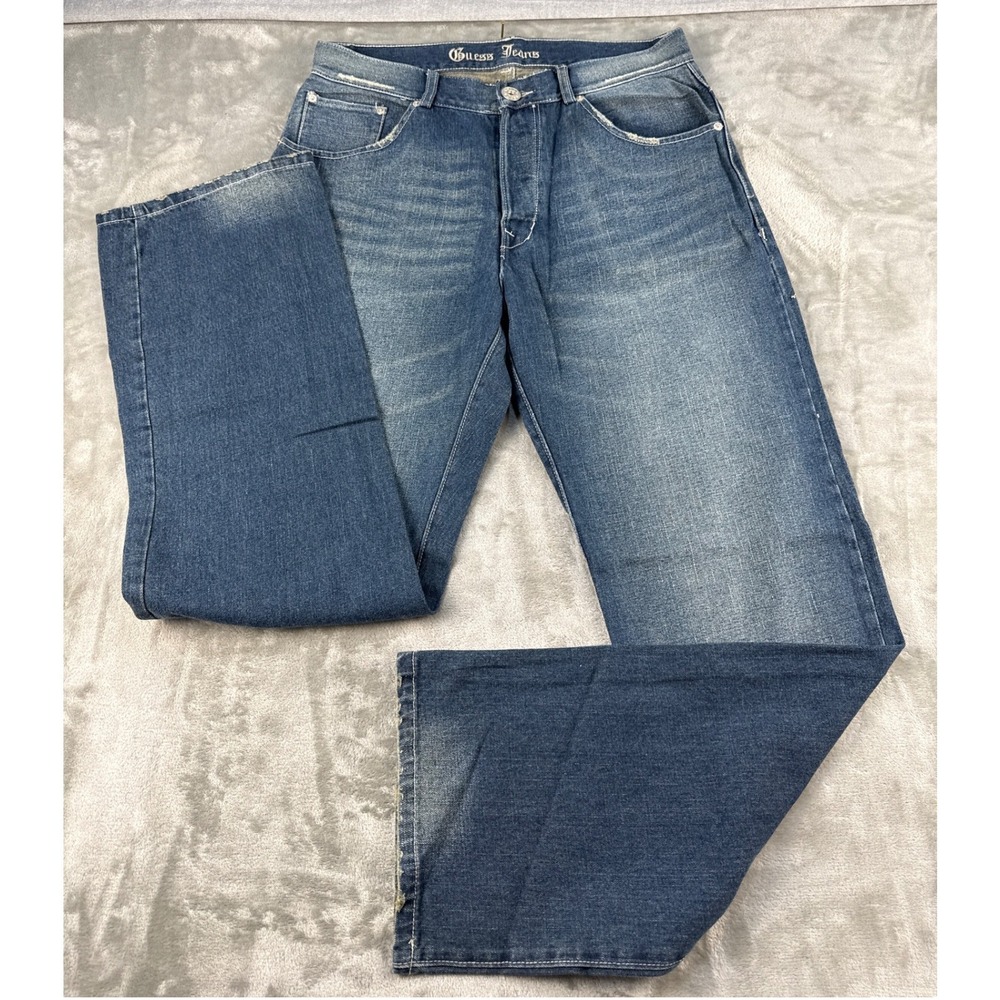 Guess Jeans Mens 33 Blue Medium Wash Straight Leg Distressed Denim X721L057